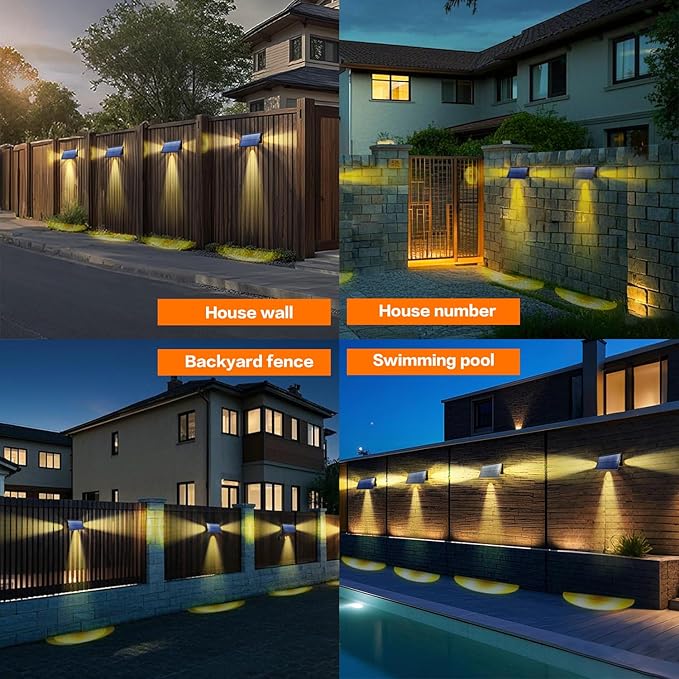 3LED Solar Fence Lights Outdoor Bright Wall Light Dusk to Dawn Ip65 Waterproof Solar Powered LightsTriple-Sided Illumination for Deck/Patio/Yard/Garage/Proch(Warm White 4 Pack)