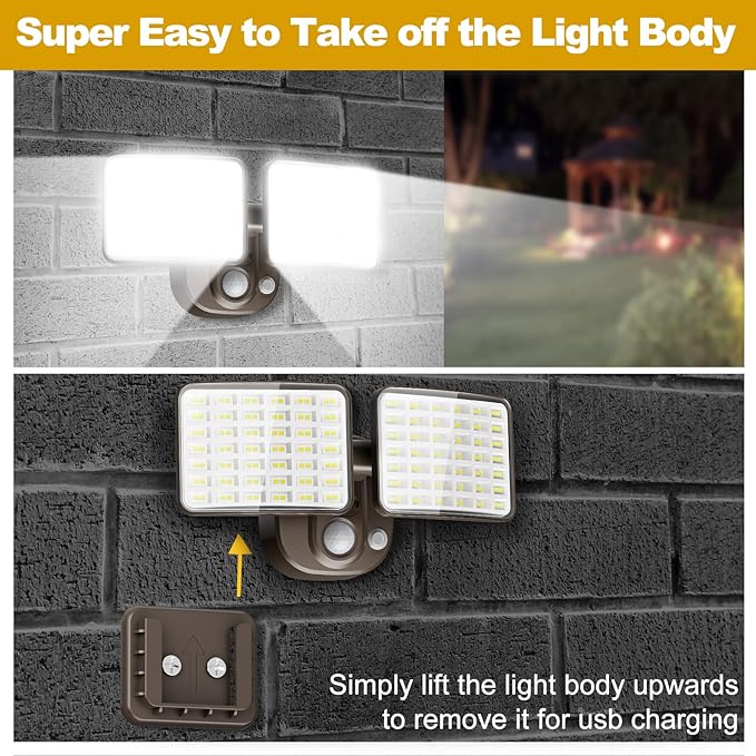 Rechargeable Battery-Powered Motion Light (1-3 Months Endurance) 2500LM Standard &amp 4000LM High-Brightness Dual Modes USB Charging Outdoor LED Flood Light for GarageYardPatioGarden (Brown) 2 P