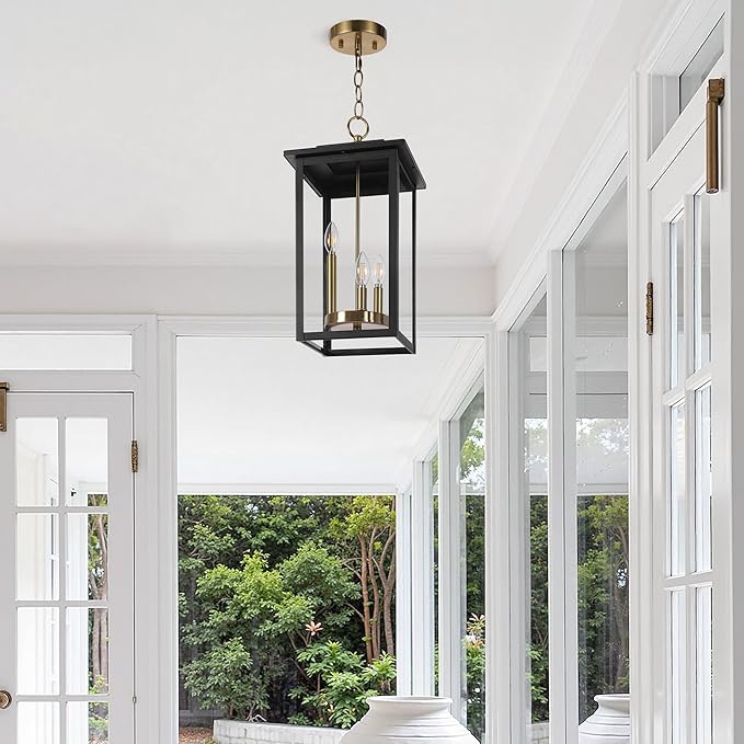 LamQee Large Outdoor Pendant Lights 3-Lights Black and Gold Outdoor Chandelier Lighting Fixture Modern Exterior Ceiling Hanging Lantern with Glass for Porch Front Door Patio Gazebo Entryway Foyer