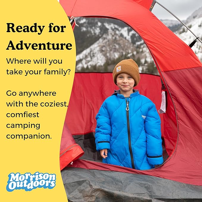 Big Mo 40° Kids Sleeping Bag (Ages 18-36m). The Coziest Funnest Camping Sleeping Bag for Kids with Adjustable Cuffs.