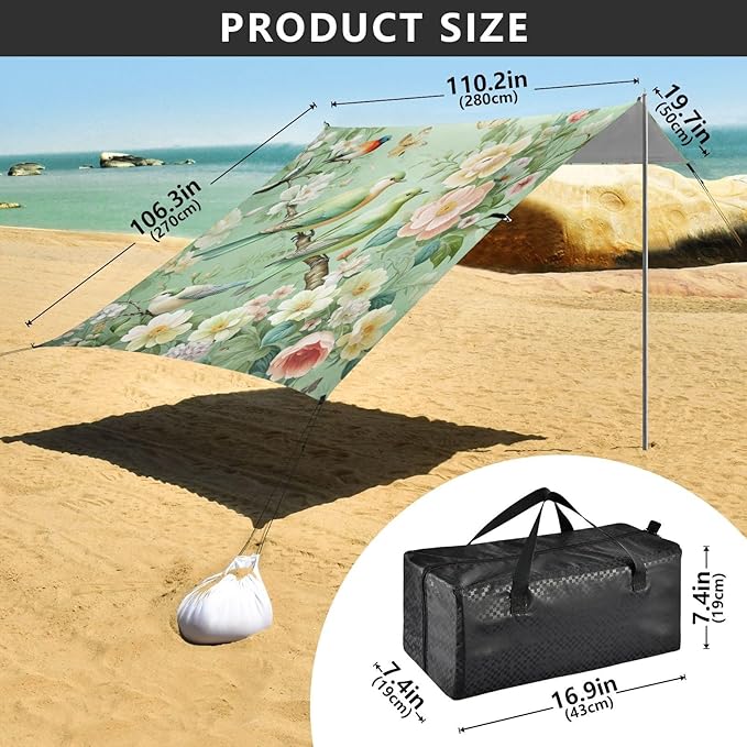 Cute Birds Green Beach Tent Sun Shelter 9.2' x 10.5' Beach Canopy with 4 Sandbags 4 Stability Poles Sand Shovels - Tent Canopy for Beach Camping Fishing Picnics