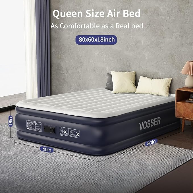 Air Mattress Queen with Built in Pump18'' Inflatable Mattress of Vertical BeamsSelf Inflatable/Deflation Blow Up Mattress in 3 MinsFlocked Top Airbed with Carry Bag for Home Camping