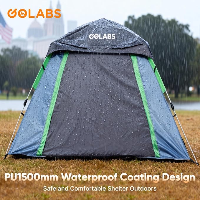 Golabs 3 Person Camping Tent w/ 9.5x8.5 ft Canopy 3-Minute Setup by Pre-Attached Pole PU1500mm Waterproof 4 Side Mesh Tent Top &amp Door &amp Ventilation Portable Family Tent w/Carry Bag &amp P