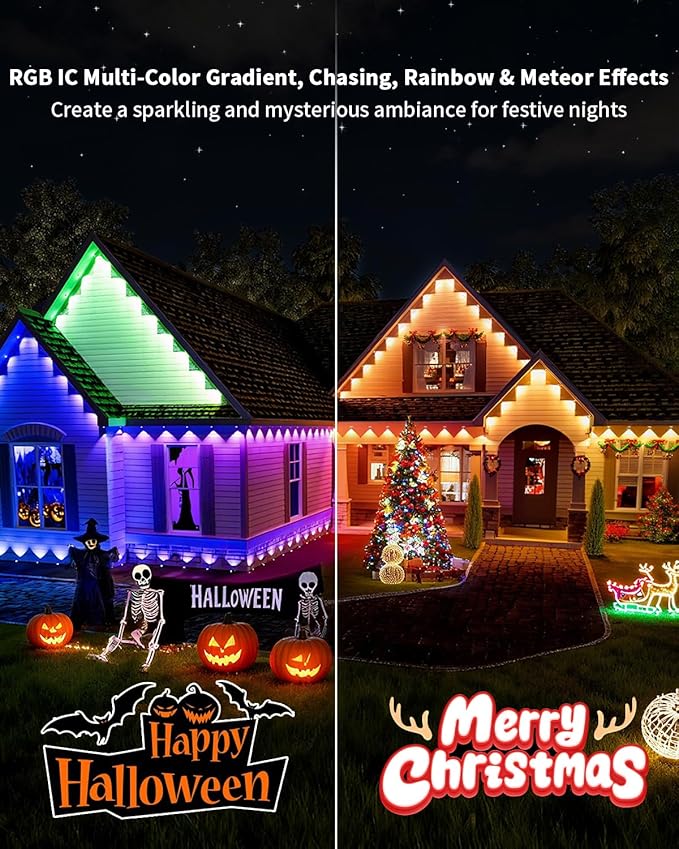 Permanent Outdoor Lights Pro100ft RGB+IC Smart Outdoor DecorApp/RemoteChristmasHalloweenMulti Scene ModesIP67 WaterproofEaves Light with Daily &amp Holiday Party DecorHouse Roof Lighting