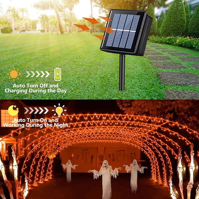 QITONG Orange Solar Rope Lights 2 Pack Each 33ft 100 LED String Lights Outdoor Fairy Lights in Clear Thin Tube with 8 Modes for Thanksgiving Fall Decor