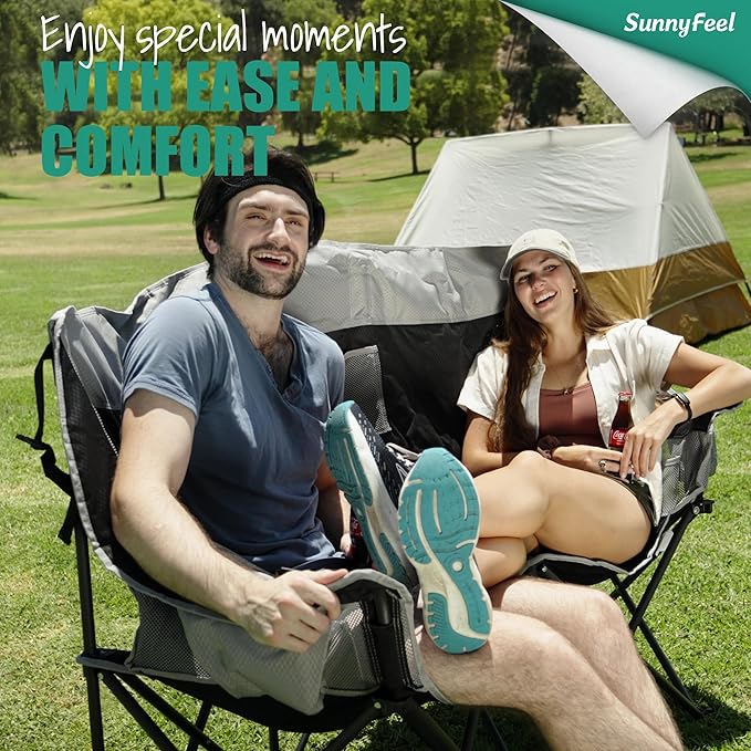 SUNNYFEEL Double Camping Chair Portable Folding Loveseat with Cup Holders Heavy Duty Steel Frame Gray