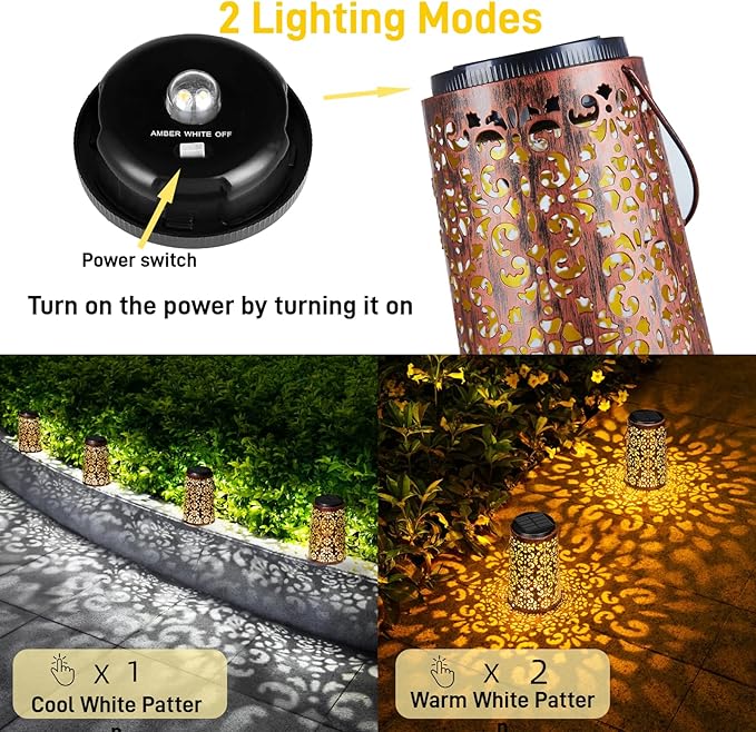 4 Pack Solar Hanging Lanterns Outdoor 2 Modes Adjustable White &amp Warm Light Auto On/Off Metal Waterproof Solar Lights for Patio Garden Wall &amp Tabletop Decor