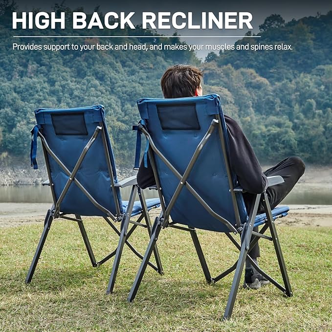 EVER ADVANCED Folding Padded Camping Chair 4 Positon Adjustable Recliner with High Back Support Portable for Adults 300lbs Weight Capacity Blue