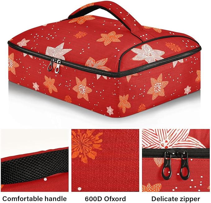 Casserole Carrier Stars and FlowersInsulated Casserole Carrier for Hot or Cold Food Thermal Lunch Tote for Potluck Parties Picnic Beach Fits 9 x 13 Inches Baking Dish