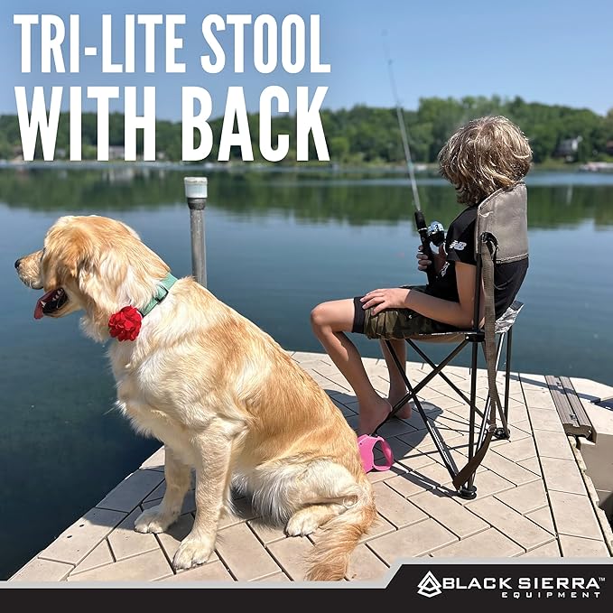 Black Sierra Tri-Lite Stool w/Back Lightweight Portable Fishing Chair w/Cupholder and Carry Strap Supports 225-Lb Portable Outdoor Chair for the Hunting Blind Camping Travel Hiking