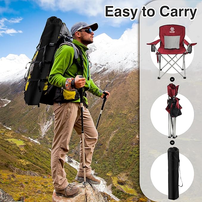 Elevon 2 Pack Camping Chair Portable Folding Chair with Arms and Side Pocket Collapsible Outdoor Chairs with Cup Holder and Carry BagNavy Blue and Burgundy