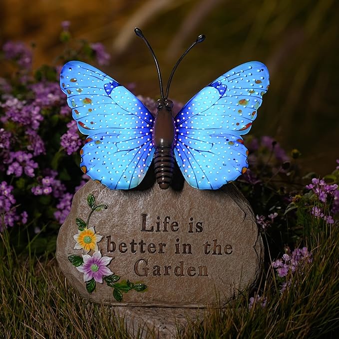 Solar LED Butterfly Garden Statue with Sparkling Light-Up Wings - Outdoor Yard Patio Decor Figurine for Women Mom Grandma (Blue)