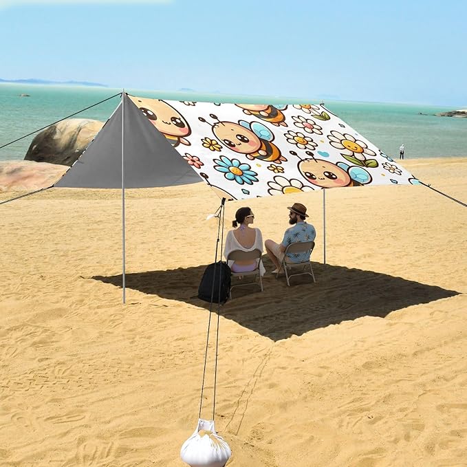 Cute Cartoon Little Bee Camping Sun Shelter Beach Tent Portable Beach Sun Shade Outdoor Canopy for Camping Trips Fishing Picnic