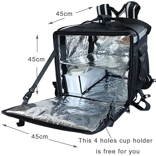 PK-92Z: Big Insulated Pizza Delivery Bag with Cup Holder 16 L x 16 W x 16 H Thermal Food Delivery Box For Scooter Heat Insulated Food Delivery Bag For Bike Side Loading 2-Way Zipper Closure