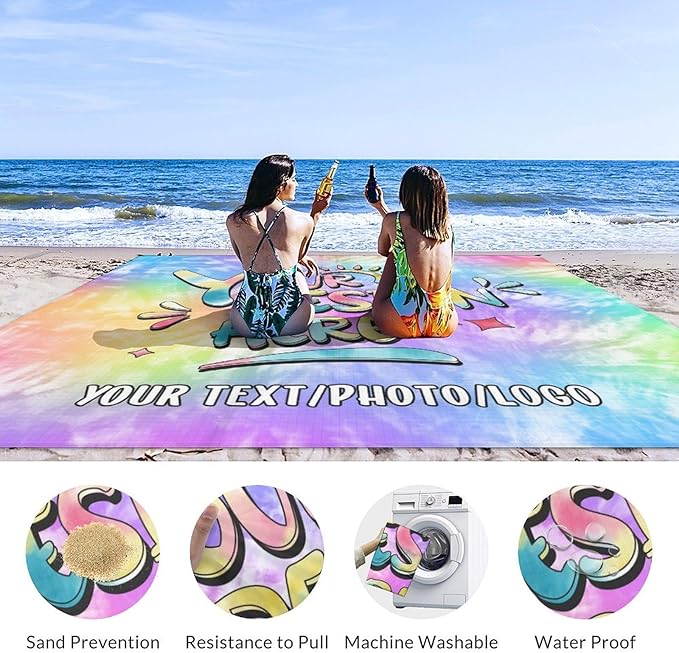 Custom Beach Blanket Waterproof Sandproof Large Mat 7.2 x 6.6 Ft for Family 4 Corner Sand Pockets &amp Stakes Personalized Blankets for Beach Travel Essentials Camping