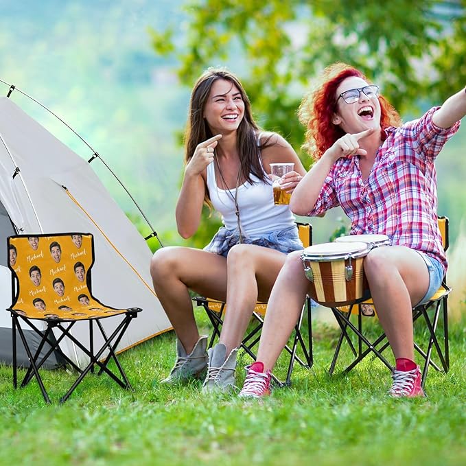 Sinestour Orange Custom Photo Folding Camping Chair for Teen Child Personalized Name 14.6×14.6in Portable Outdoor Chair with Carry Bag for Travel Picnic Barbeques