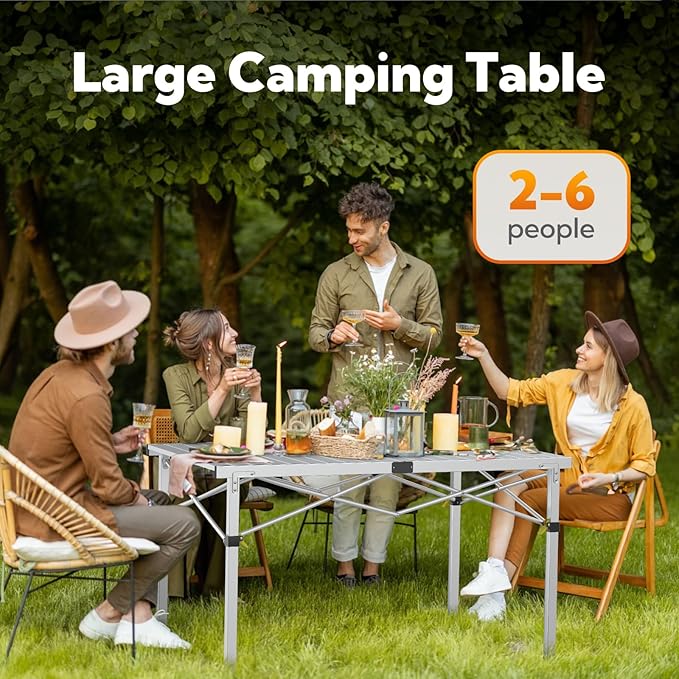 Large 46.4 Camping Table for 2-6 People - 220lbs Capacity Heavy Duty Foldable Outdoor Table with Aluminum Roll-Up Top &amp Carry Bag Portable Picnic Desk for BBQ Tailgating Backyard (Silver)