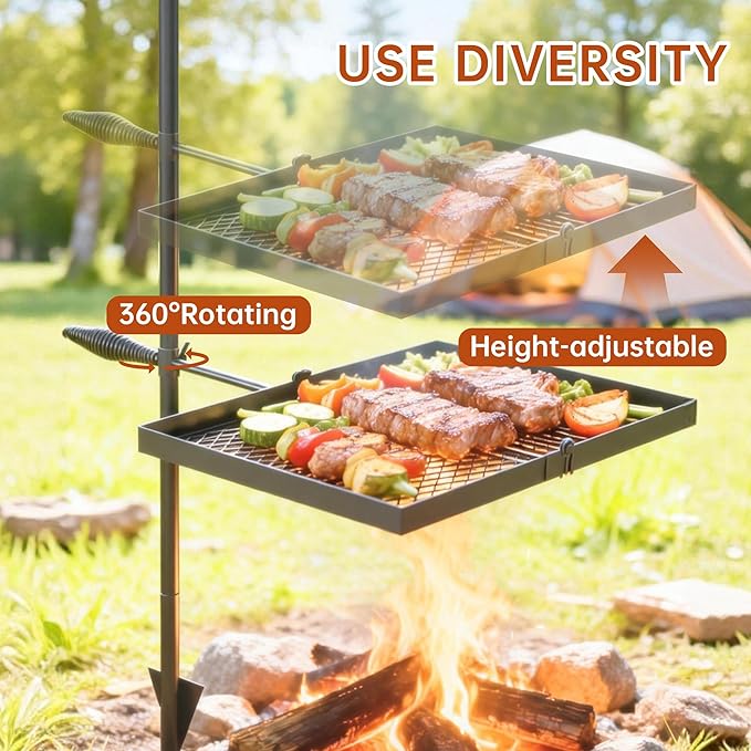Folding Campfire Grill grate Compact Height-Adjustable Fire Pit Grilling Grate Heavy Duty Swivel Over Fire Cooking Grate with Handbag for Outdoor Camping Hiking Backpacking and Family Gatherings