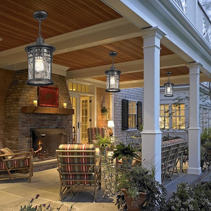 Darkaway Large Outdoor Pendant Lights for Porch 15inch Outdoor Chandelier Hanging Porch Lights Outside Ceiling Mount Aluminum with Water Ripple Glass for Front Porch Gazebo Patio