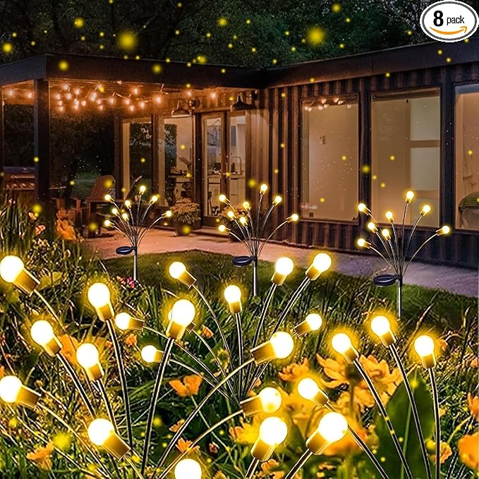 Solar Garden Lights 8 Pack 64LED Solar Firefly Lights Waterproof Garden Light Outdoor with 2 Lighting Modes Swaying Light for Outside Yard Walkway Patio Lawn Flower Bed Decoration (Warm White)