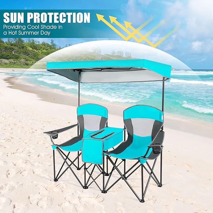 GYMAX Double Camping Chair Beach Chair with Canopy Shade Adjustable UV Protection Cooler Cup Holder &amp Carry Bag Folding Portable Lawn Soccer Camp Chair with Umbrella for Adults (Navy 2 Perso