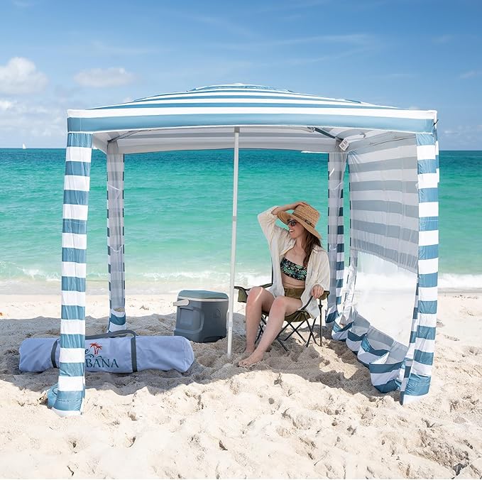CROWN SHADES Beach Cabana 6.5 x 6.5 Umbrella Canopy Tent Easy Pop Up - Beach Cabanas for Sand - UPF50+ Protection with Sidewall and More Pockets Cyan Blue