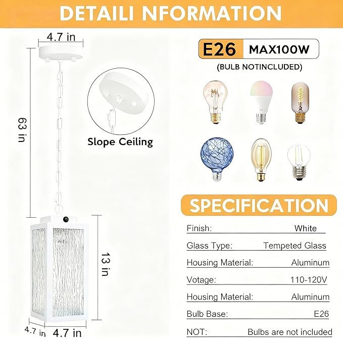 Outdoor Pendant Light Dusk to Dawn 11'' Porch lights Outdoor Chandelier Hanging Ceiling Lights White Aluminum Lightshade with Tempered Glass Exterior Lighting Fixture for Porch Yard Gazebo 1 Pack