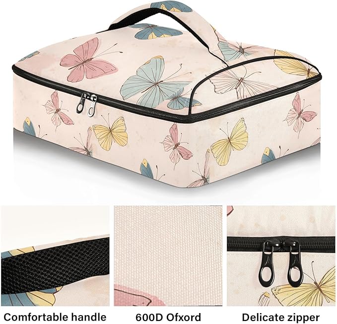 Casserole Carrier Hand-drawn Beautiful Cute ButterflyInsulated Casserole Carrier for Hot or Cold Food Thermal Lunch Tote for Potluck Parties Picnic Beach Fits 9 x 13 Inches Baking Dish