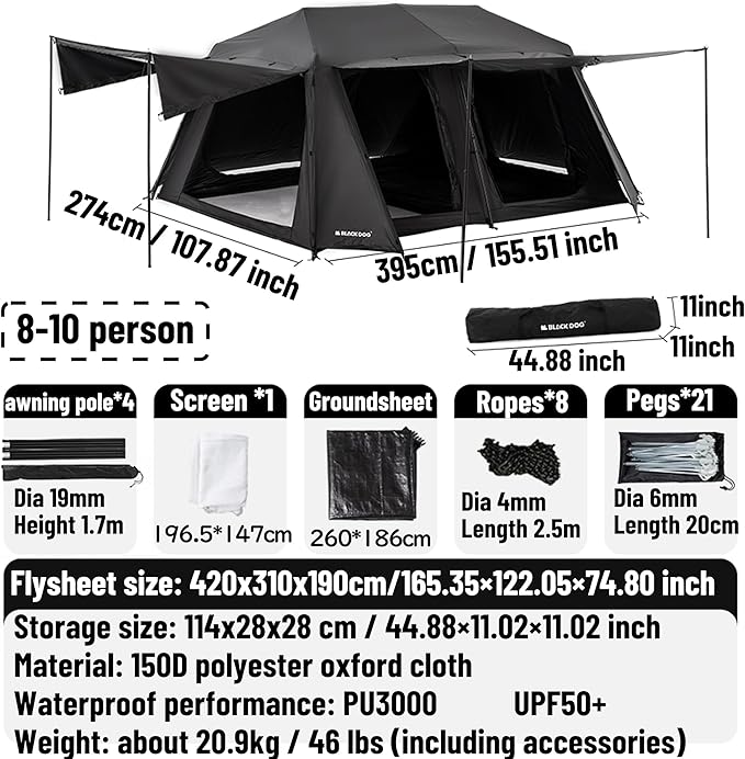 Blackdog 11㎡/116ft² 8-10 Person Camping Tent with Movie Screen 6 Door 2 Room Large Cabin Tent with 5-Sided Mesh Windows Waterproof Big Family Tents for Hiking