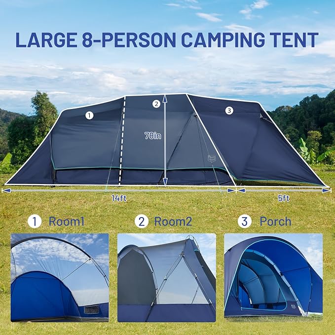 Timber Ridge 8 Person Camping Tent with Large Porch Portable Waterproof Windproof Family Tent with Rainfly Carry Bag Room Divider Easy Set-up Tent with Excellent Ventilation for Camping 3 Season