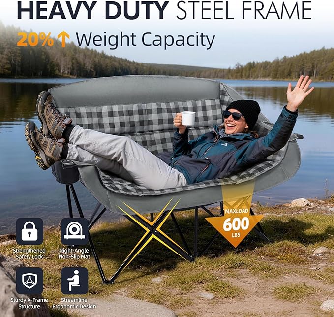 Double Camping Chairs Padded Loveseat Chair for 2 Person - Heavy Duty Oversized Camping Couch for Adults Outdoor Lawn Beach Portable Folding Sofa with Cup Holders Support 600lbs Grey