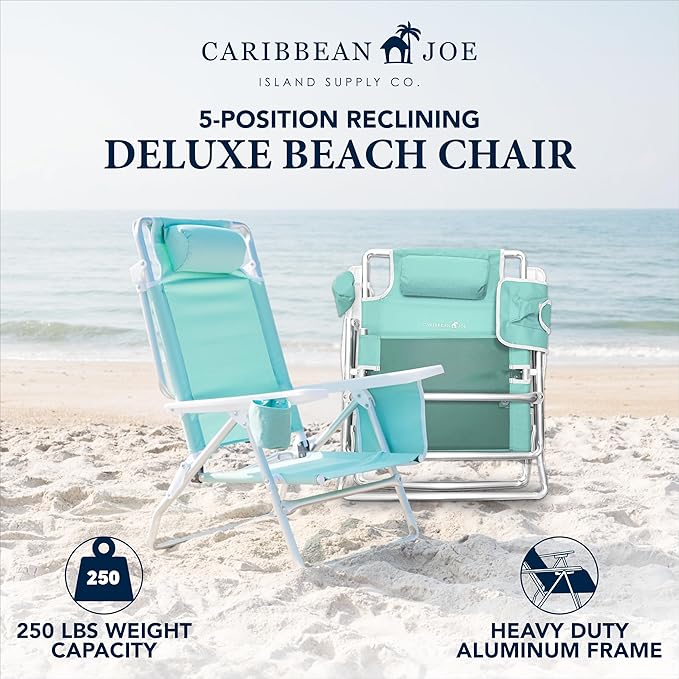 Caribbean Joe Folding Beach Chair 5 Position Lightweight Portable Reclining Outdoor Camping Chair with Headrest Shoulder Strap and Cup Holder Mint