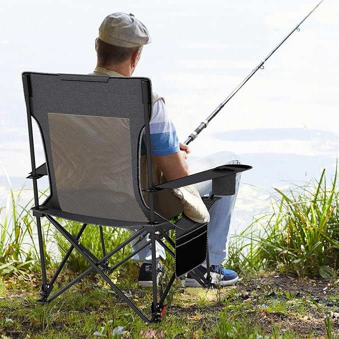 GYMAX Reclining Camping Chairs with Footrest Lightweight Foldable Camping Chairs with Cup Holders Adjustable Backrest Headrest Heavy Duty Camp Chair for Adult Outdoor Fishing Beach (Grey2)