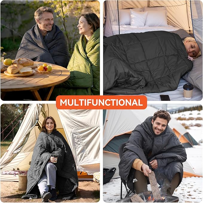 Multifunctional Camping Blanket Ultralight Wearable Travel BlanketIndoor Sofa BlanketOutdoor Portable nap BlanketCamping Quilt with Snap Buttons for Outdoor HikingCamping -Black
