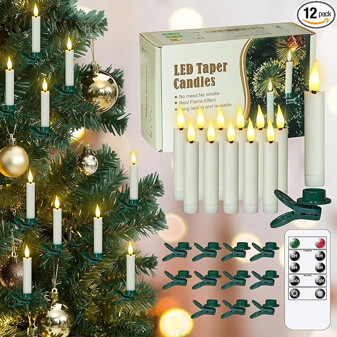 Pack of 12 Flameless Taper Clip on Candles with 12 Clips Remote and Timer Function LED Flickering Battery Operated Fake Short Ivory 0.6 x3.7 Plastic Warm Light for Festival Tree Decor