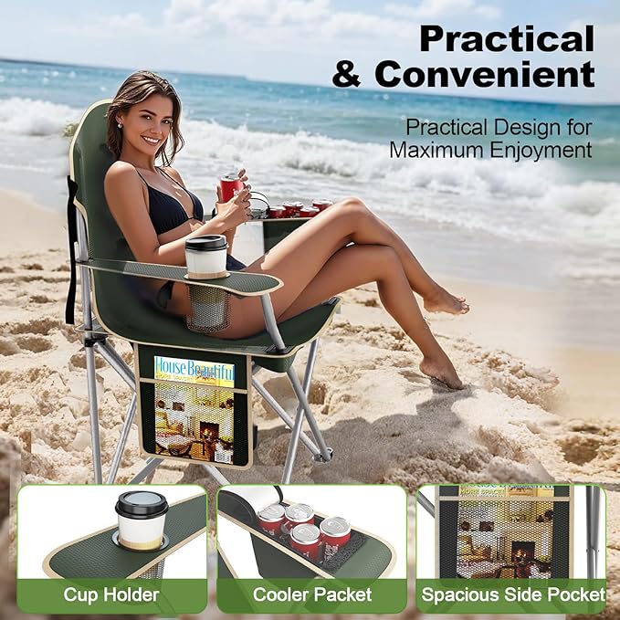 Folding Camping Chairs Durable 600D Oxford Portable Outdoor Chair with Cooler Pouch Cup Holder &amp Storage Pocket for Camping Beach Fishing