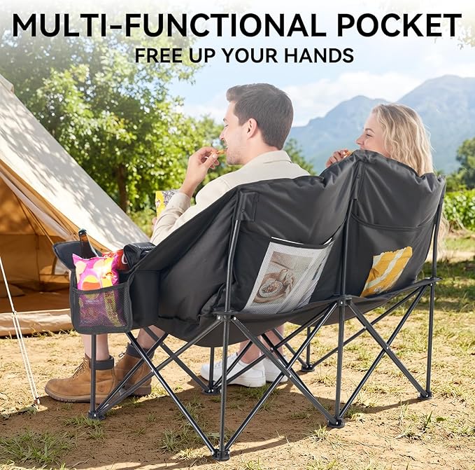 Heavy Duty Double Camping Chair for Adults Oversized 2 Person Camping Loveseat with Thick Padding Folding Outdoor Couch Supports Up to 600 lbs for Family Camping Stargazing Fishing Black &amp Gre