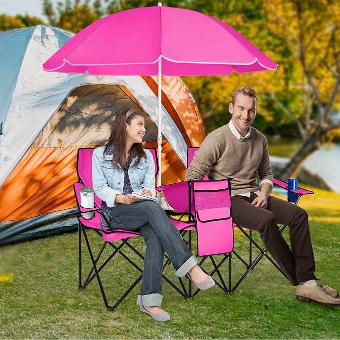 Double Beach Chair 2-Person Portable Loveseat w/Removable Umbrella Cup Holders &amp Carrying Bag Folding Camping Chairs for Adults Outdoor Picnic (Pink)