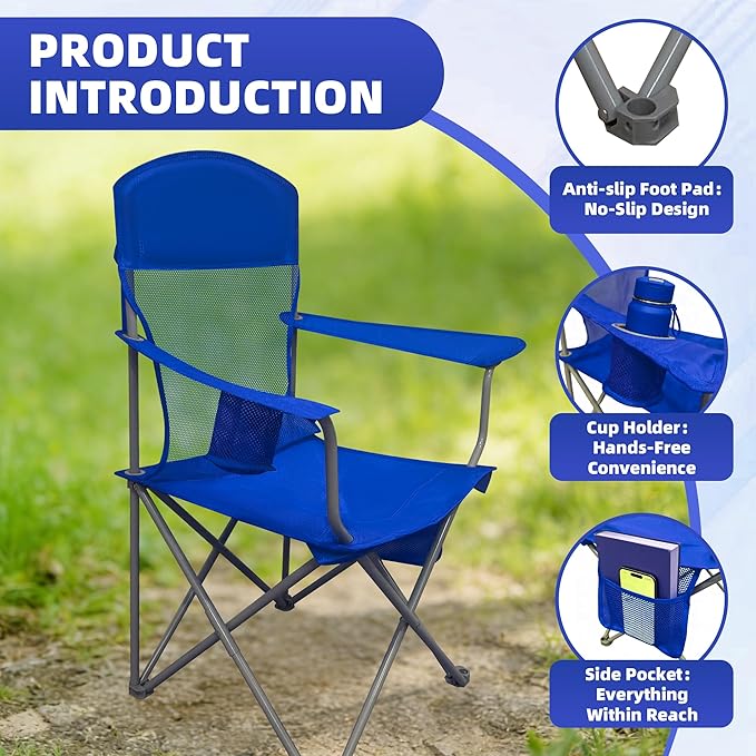 Outdoor Folding Camping Chair with Insulated Cooler Padded Seat and Back Cup Holder Storage Pockets Lightweight Portable Chair with Carry Bag for Camping Beach Lawn and Backyard (Blue)