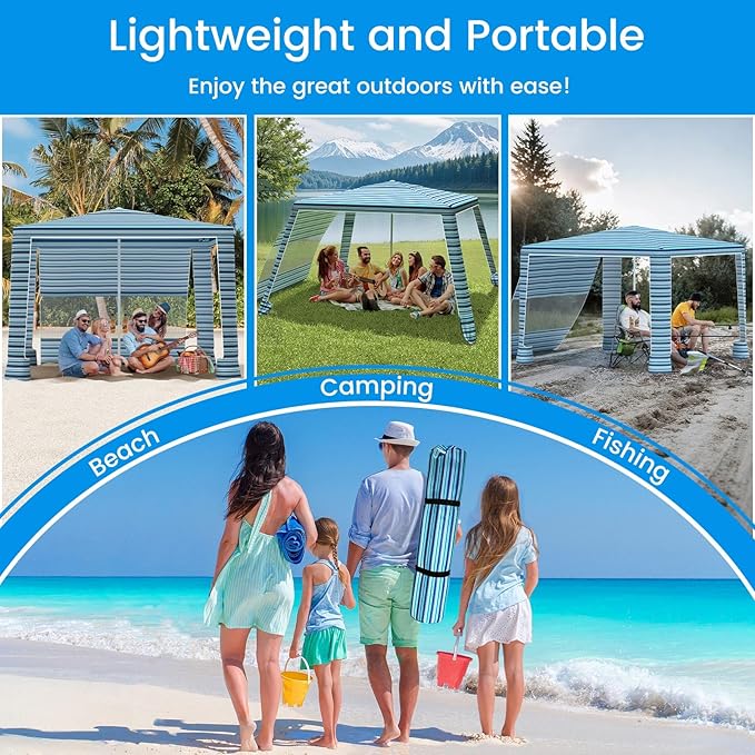 MoKo Beach Cabana 8'×8' Large Beach Canopy with Side Wall UPF 50+ Protection Easy Setup Beach Tent Sun Shelter Adjustable Height Wind Resistant Cabana Beach Tent for Whole Family Blue-Green Stripe