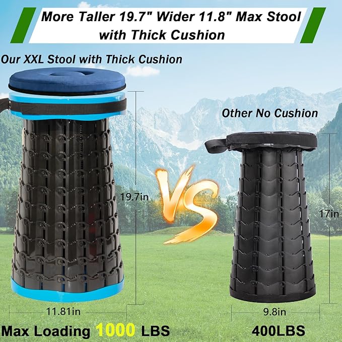 2026 Upgraded XXL Collapsible Stool with Thick Cushion19.7H-11.8D Telescoping Folding Stool for Adults More Sturdy Camping Stools with Load Capacity 1000lbs for OutdoorGardenFishingHiking