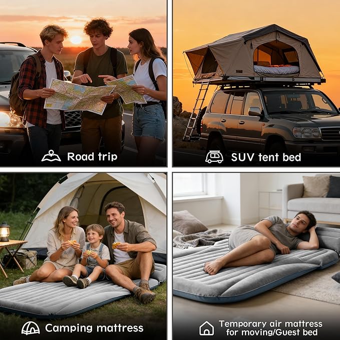 SUV Air Mattress Double-Sided Thick Flocked Car Air Mattress with Built-in Pump &amp Pillow Complete Sleeping Accessories for Auto Camping &amp Road Trips（Light Grey）
