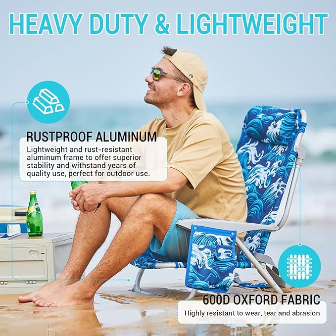 #WEJOY Lightweight Low 2 Pack Beach Chair for Adults 4-Position Aluminum Folding Camping Chairs with Shoulder Strap Cup Holder and Padded Headrest Supports 265lbs for Lawn Outdoo Darkblue/White