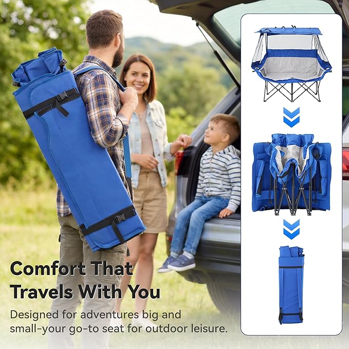 Double Camping Chairs with Canopy Shade Folding Beach Chair Heavy Duty Oversized Outdoor Padded Loveseat Chair 2 Person with Removable Roof Cup Holders Side Pockets Portable Carry BagBlue