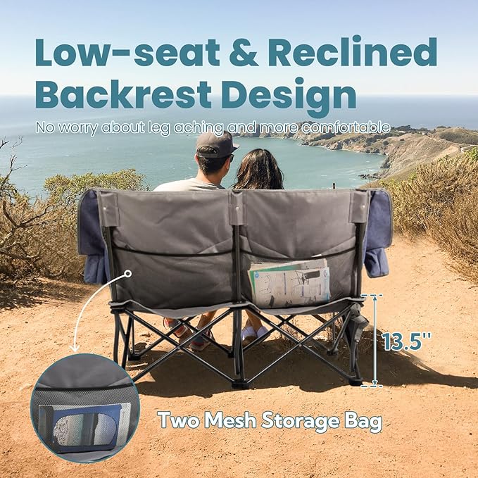 700lbs Capacity Double Camping Chair for 2 Adults - Low-Profile Outdoor Loveseat with XL Cup Holders &amp Storage Pockets Heavy Duty Folding Couch for Camping Lawn Backyard (Navy Blue)
