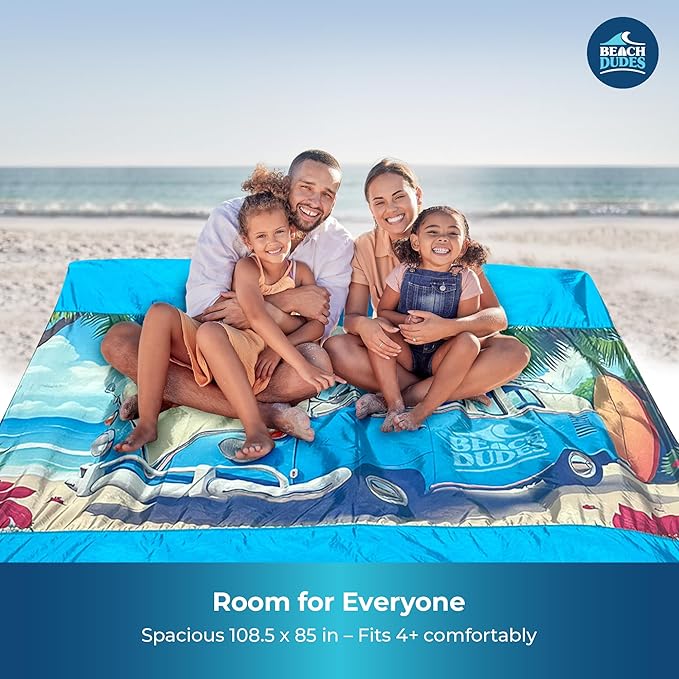 Beach Vibes Oversized Beach Blanket - 108x84 XL Sandproof Water-Resistant Picnic Mat | Lightweight Ripstop Nylon for Travel &amp Camping | Includes 4 Stakes and Carry Bag