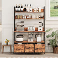 IDEALHOUSE 5 Tier Kitchen Bakers Rack with Charging Station &amp Drawers Industrial Microwave Oven Stand Freestanding Farmhouse Coffee Bar Station Utility Shelves with Hooks Vintage Brown
