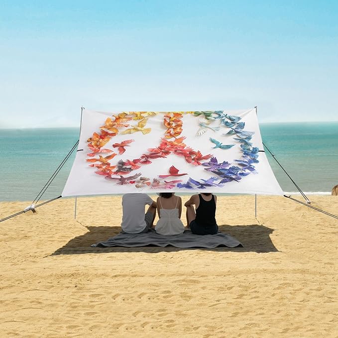ALAZA Colorful Peace Sign Dove Beach Tent Sun Shelter UPF50+ Protection Beach Shade Canopy w/ 4 Sandbags for Outdoor Camping Fishing Backyard Fun Picnic 10x9 ft