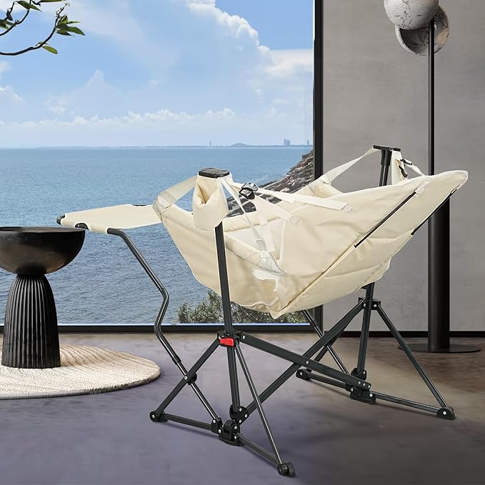 Ainfox Hammock Camping Chair with Footrest Heavy Duty Foldable Portable Rocking Hammock Chairs Outside Swinging Camp with Cup Holder Pillow for Outdoor Patio Poolside Beige Black