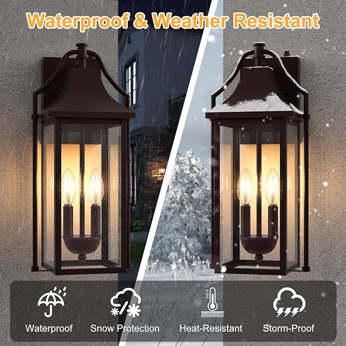 𝟏𝟖𝑰𝑵 Outdoor Wall Sconce Fixtures Dusk to Dawn Patio Lights Waterproof Exterior Lanterns 2-Light Modern Wall Light Mounted with Glass Brown Outside Lights for House Front Door Decor